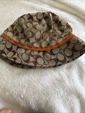 Coach Brown Signature Canvas Bucket Hat with Tan Leather Trim